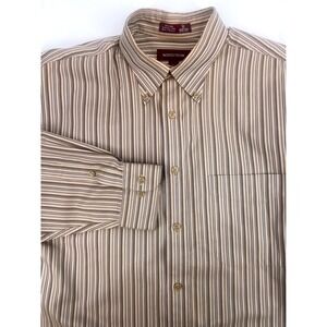 Nordstrom Smartcare Large Striped Button Down Shirt Tan Blue Wrinkle Free